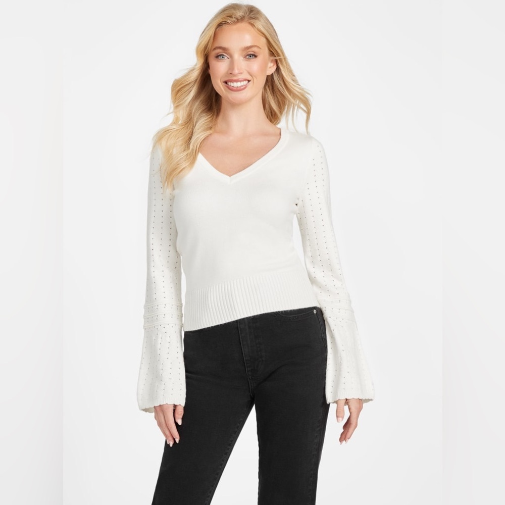 NWOT Guess Jenny Knit Yarn  V-Neck Sweater Long Bell Sleeves Off-White Women XS